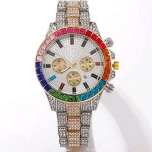 Men's Luxury Iced Crystal Rainbow Inlaid Simulated Diamond Steel Quart Watch